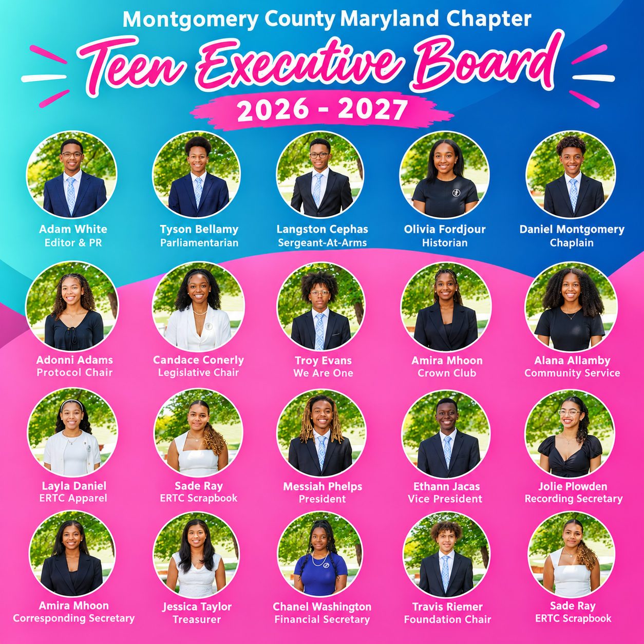 Montgomery County Maryland Chapter Teen Executive Board members for 2026-2027, showcasing their roles and leadership in community activities.